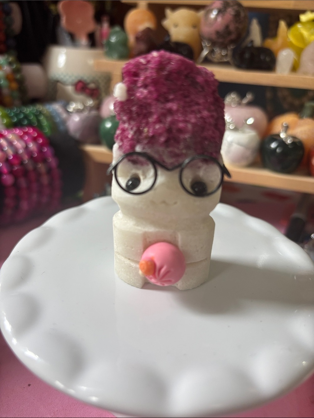 Mica Crystal Groot with glasses and steamed bun